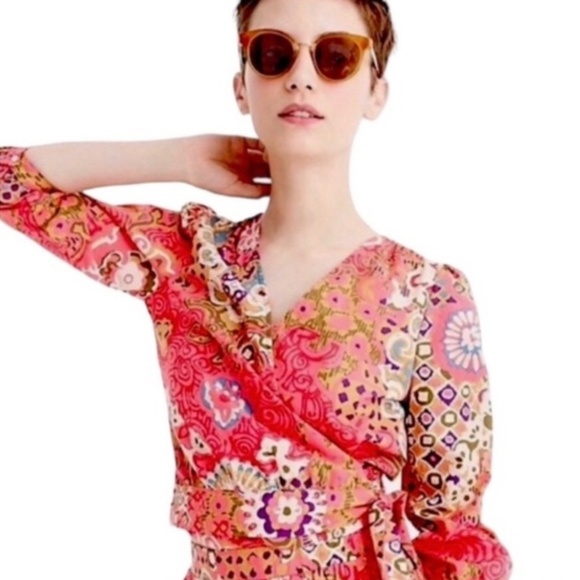 J. Crew Orange Pink Paisley Vibrant Floral Wrap Bow Cropped Blouse Size M - Picture 1 of 7